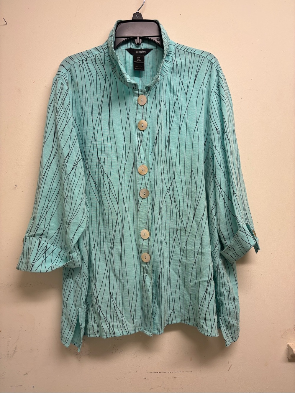 Ali Miles Turquoise Stripe-Print Button Down Shirt